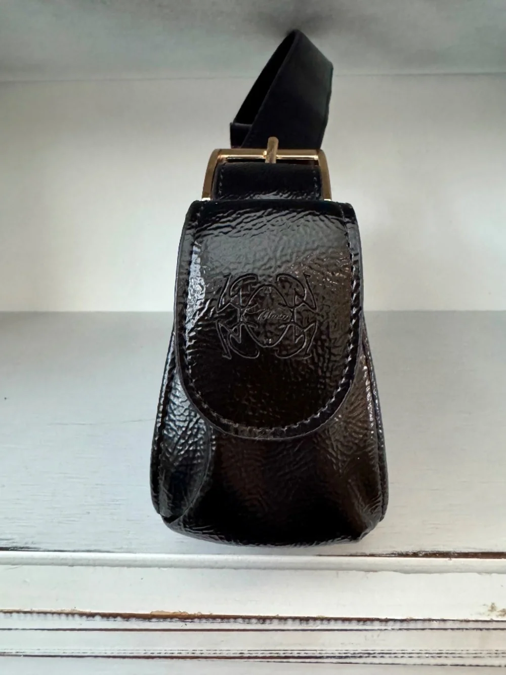 Manc Aurora Micro Black Gold Glossy Calf‎ Leather Shoulder Purse